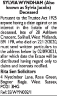 Rita Sen Solicitors Media Order No: Fh32246 Advert